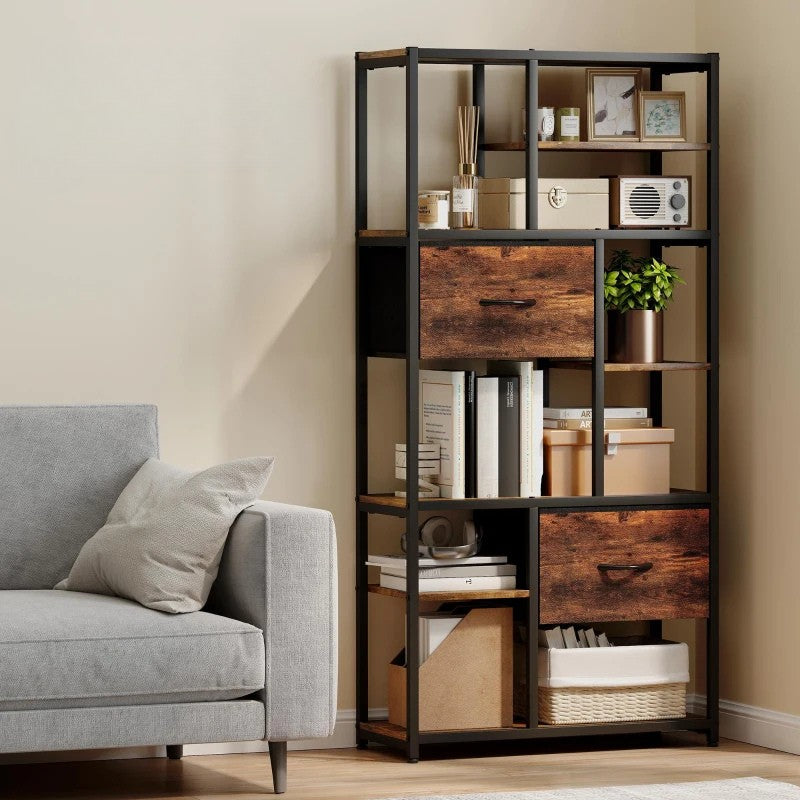 Nancy's Ovaro Boekenkast - Opbergkast - Open vakken en laden - Bruin / Zwart - ± 70 x 30 x 150 cm