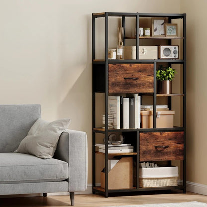 Nancy's Ovaro Boekenkast - Opbergkast - Open vakken en laden - Bruin / Zwart - ± 70 x 30 x 150 cm