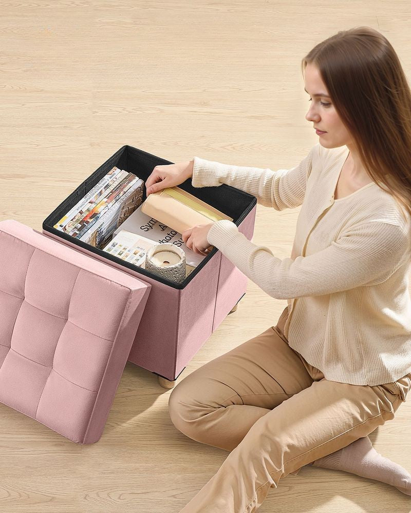 Nancy's Erbezzo Opbergbank - Hocker met opbergruimte - Kruk - Pastelroze - Fluweel - ± 40 x 40 x 40 cm