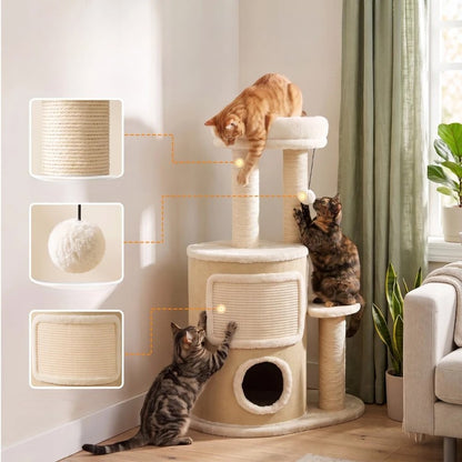 Nancy's Torriana Krabpaal - Klimboom voor katten - Kattenboom met 4 niveaus - Beige - 55 x 39 x 90 cm