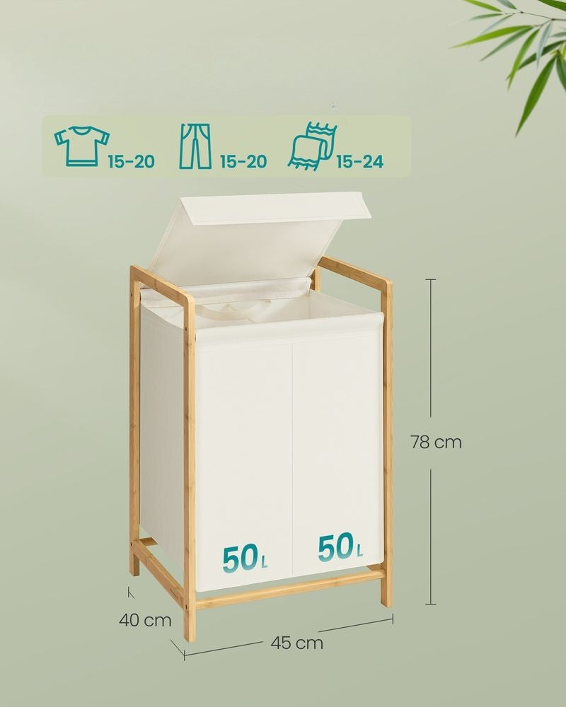 Nancy's Pradleves Wasmand met 2 vakken - Wassorteerder - Wasbox - Crèmewit - Bamboe - 100 Liter