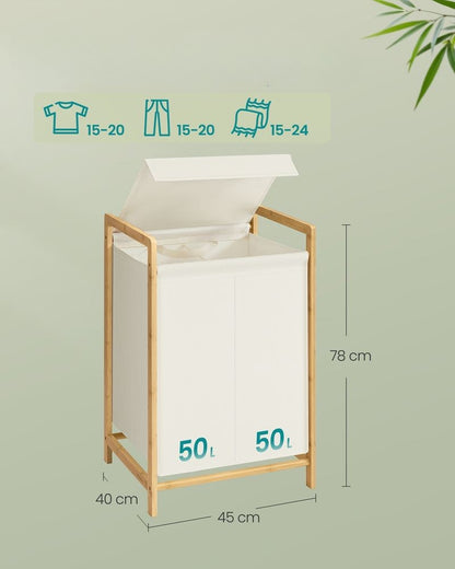 Nancy's Pradleves Wasmand met 2 vakken - Wassorteerder - Wasbox - Crèmewit - Bamboe - 100 Liter