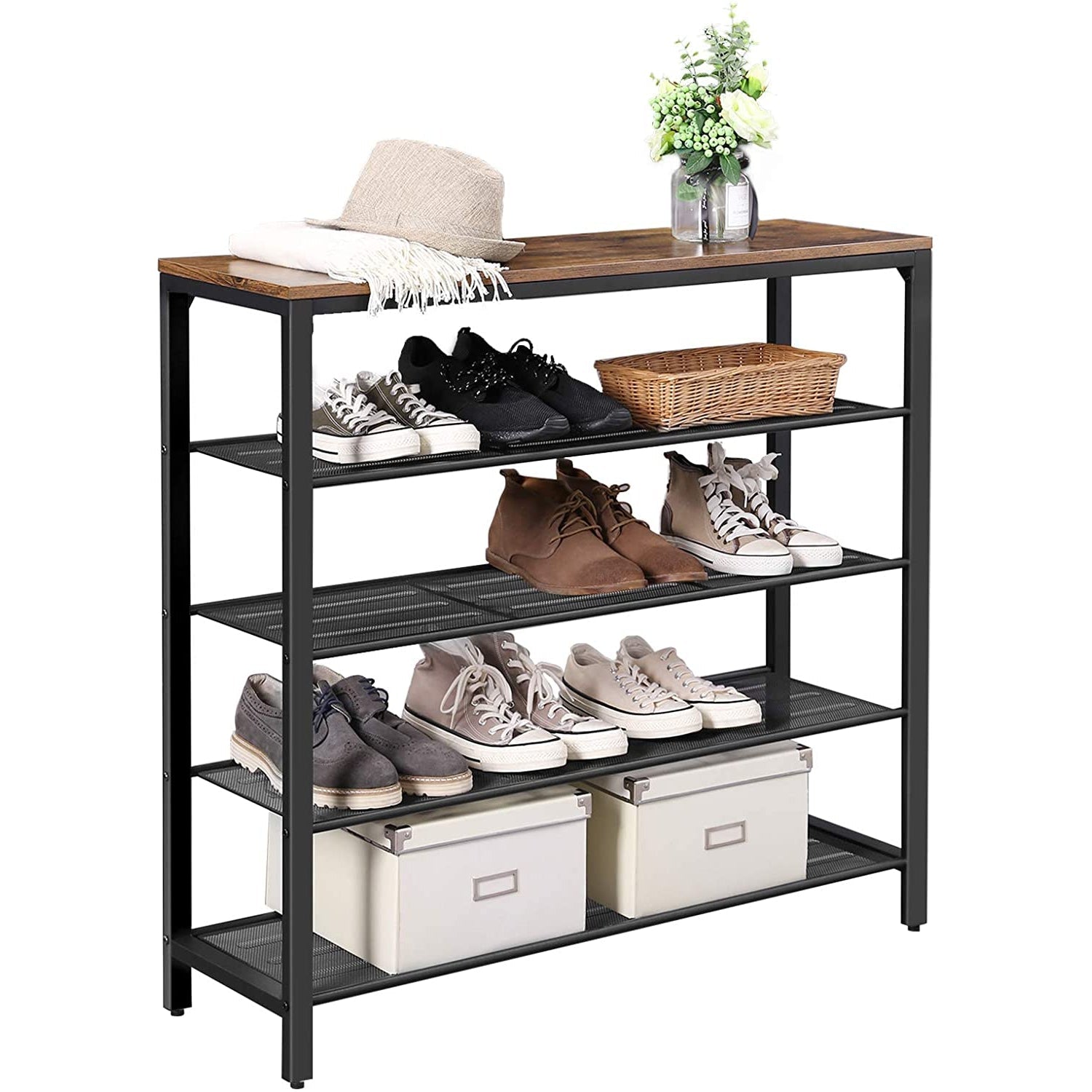 Nancy's Logan Schoenenrek - Schoenenkast voor 16 Paar Schoenen - Industrieel Vintage Design - Hout en Metaal - 100 x 30 x 92,5 cm