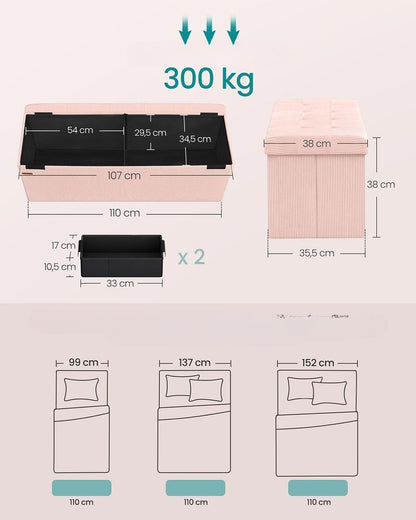 Nancy's Mercatale Opbergbank - Bankje met opbergruimte - Roze - Corduroy - ± 110 x 40 x 40 cm