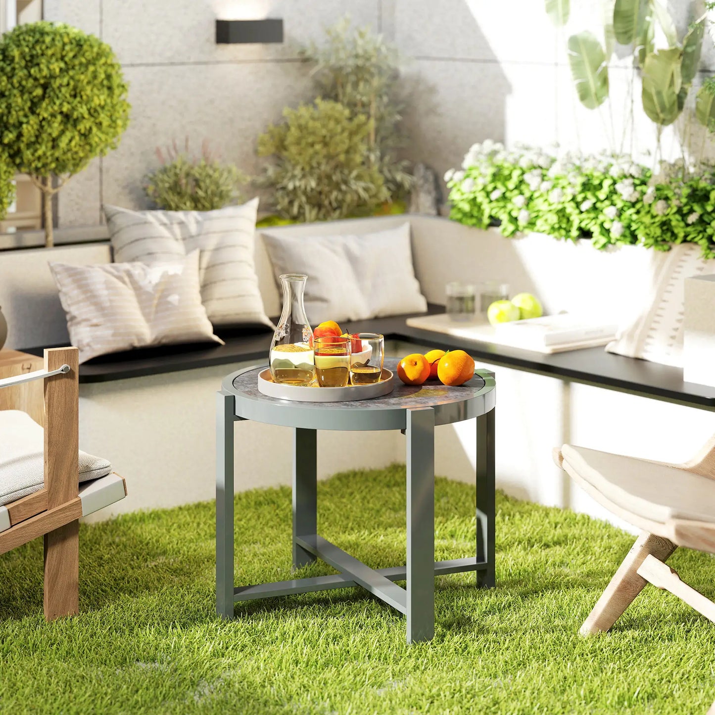Nancy's Genova Tuintafel - Bijzettafel voor buiten - Balkontafel - Grijs - Aluminium / Glas - ± 60 x 60 x 45 cm