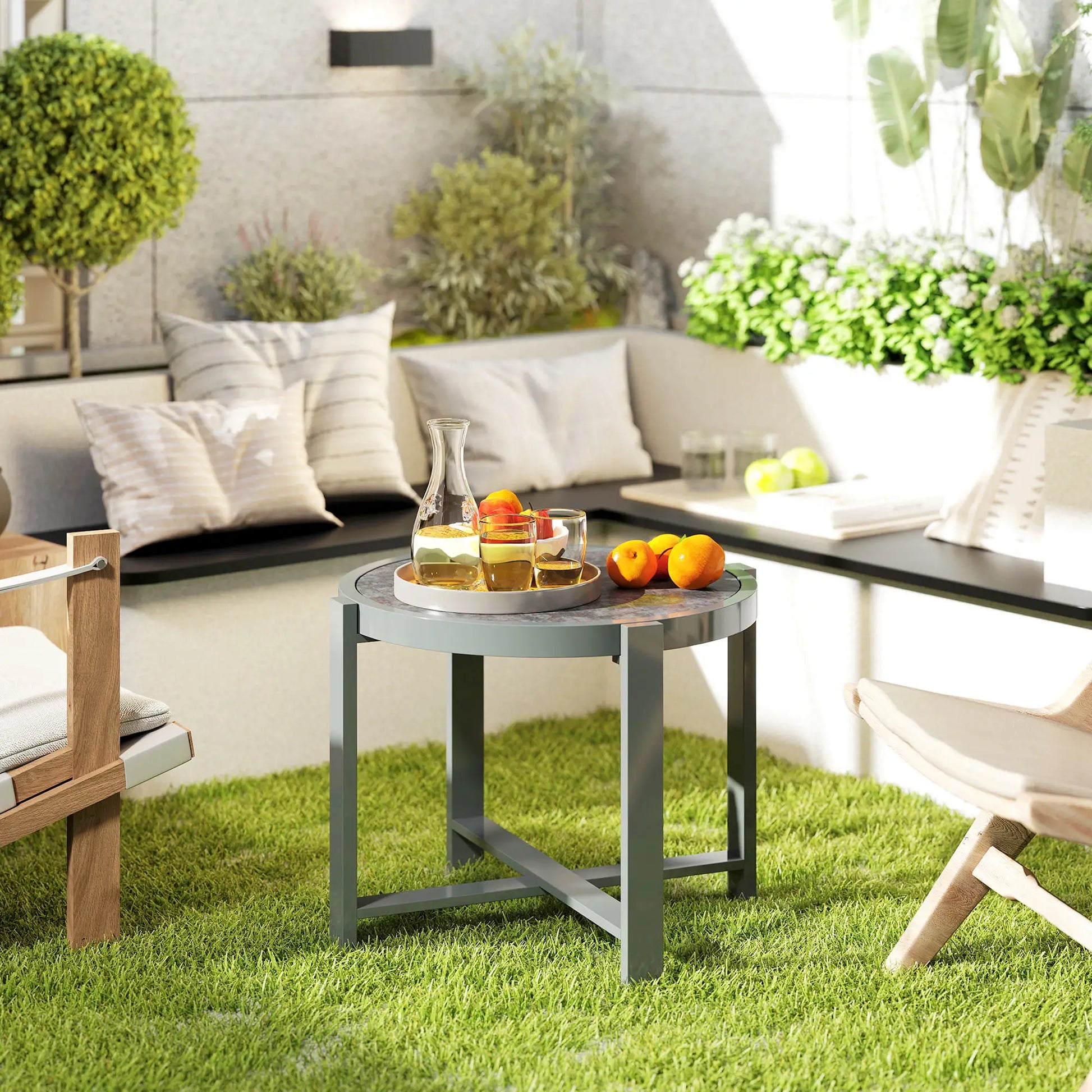 Nancy's Genova Tuintafel - Bijzettafel voor buiten - Balkontafel - Grijs - Aluminium / Glas - ± 60 x 60 x 45 cm