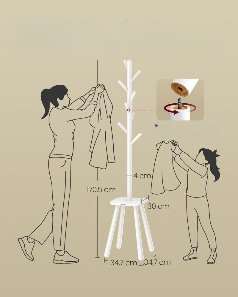 Nancy's Casteleiro Staande Kapstok - Garderoberek - Wit - Rubberhout - ± 170 cm hoog
