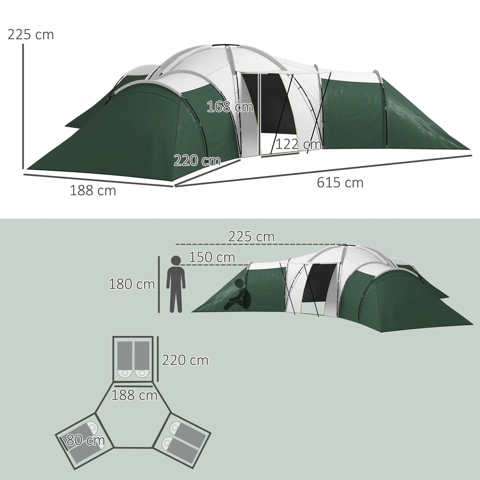 Nancy's Concei Kampeertent - Camping Tent - 3 Slaapcabines - Waterdicht - Groen