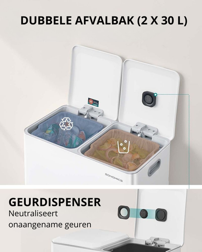 Nancy's Osoppo Afvalscheidingsprullenbak - Afvalbak - Pedaalemmer - Afval Scheiden - Wit - 2 x 30 Liter