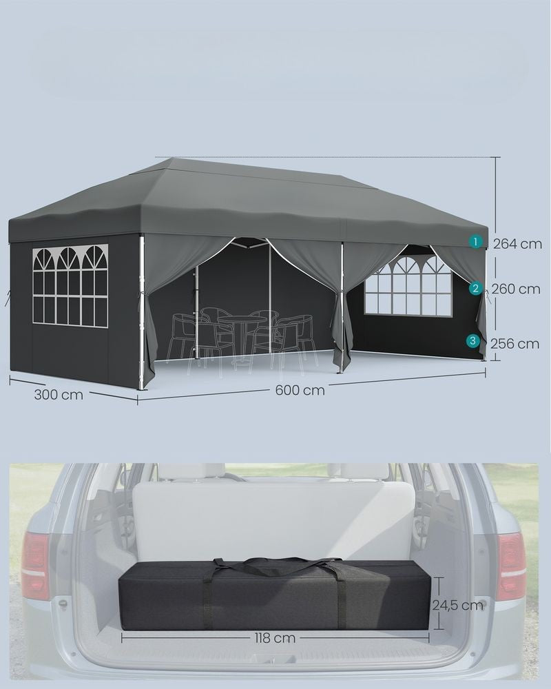 Nancy's Ruffano Partytent - Tuintent - Zonwering - Opvouwbaar - Afneembare zijwanden - Grijs - 600 x 300 x 260 cm
