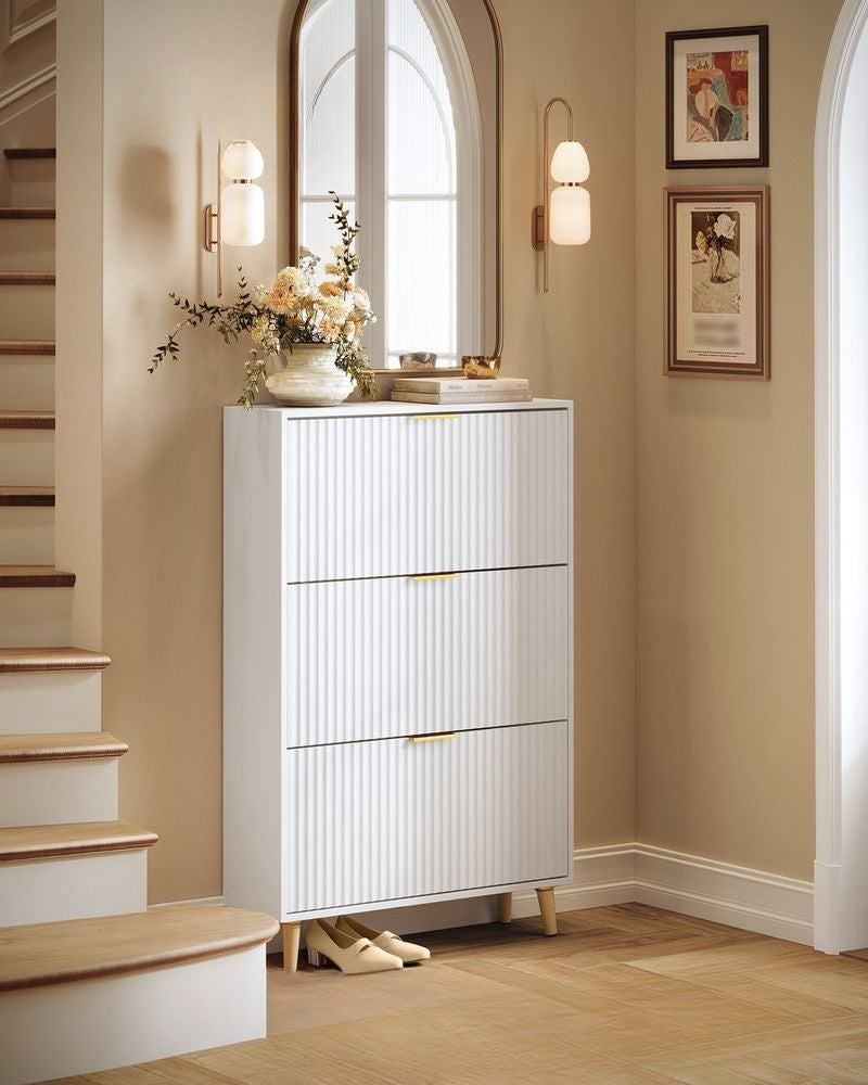 Nancy's Povo Schoenenkast - Schoenen opbergen - Geribbelde deuren - Wit - ± 80 x 25 x 125 cm