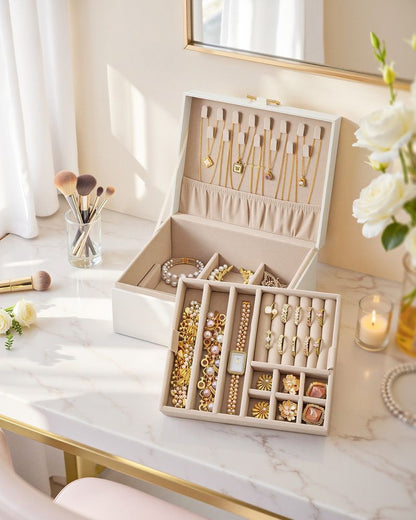 Nancy's Picciano Sieradendoos - Sieraden Kistje - Crèmewit - Fluweel - ± 20 x 17 x 10 cm