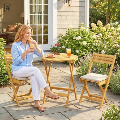 Nancy's Sardegna Bistroset - Tuinset - Balkonset - 3-Delig - Natuurlijk hout / Beige - Acaciahout
