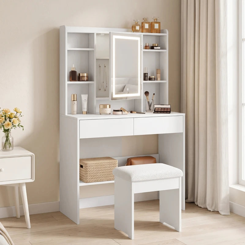 Nancy's Valleve Kaptafel - Make Up Tafel - Make-Up Tafel met Spiegel - LED-Verlichting - Wit ± 90 x 40 x 145 cm