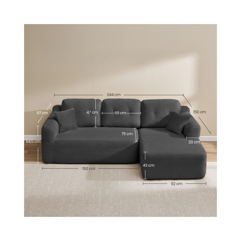 Nancy's Potenza Hoekbank - Modulaire bank - Chaise longue rechts - Grijs - Corduroy - ± 245 x 150 x 75 cm