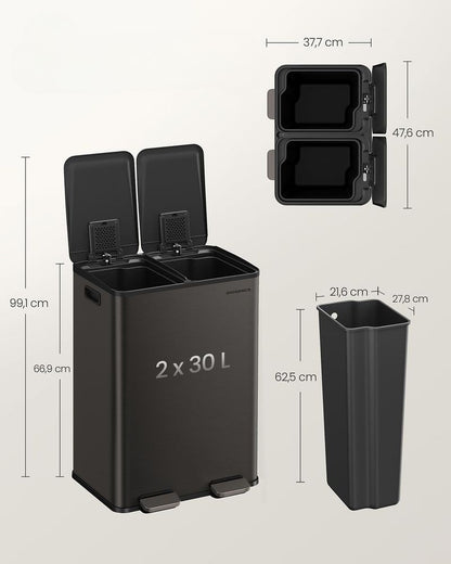 Nancy's Morcone Afvalscheiding Prullenbak - Afval scheiden - Prullenbak - Afvalbak - Grijs - 2 x 30 Liter