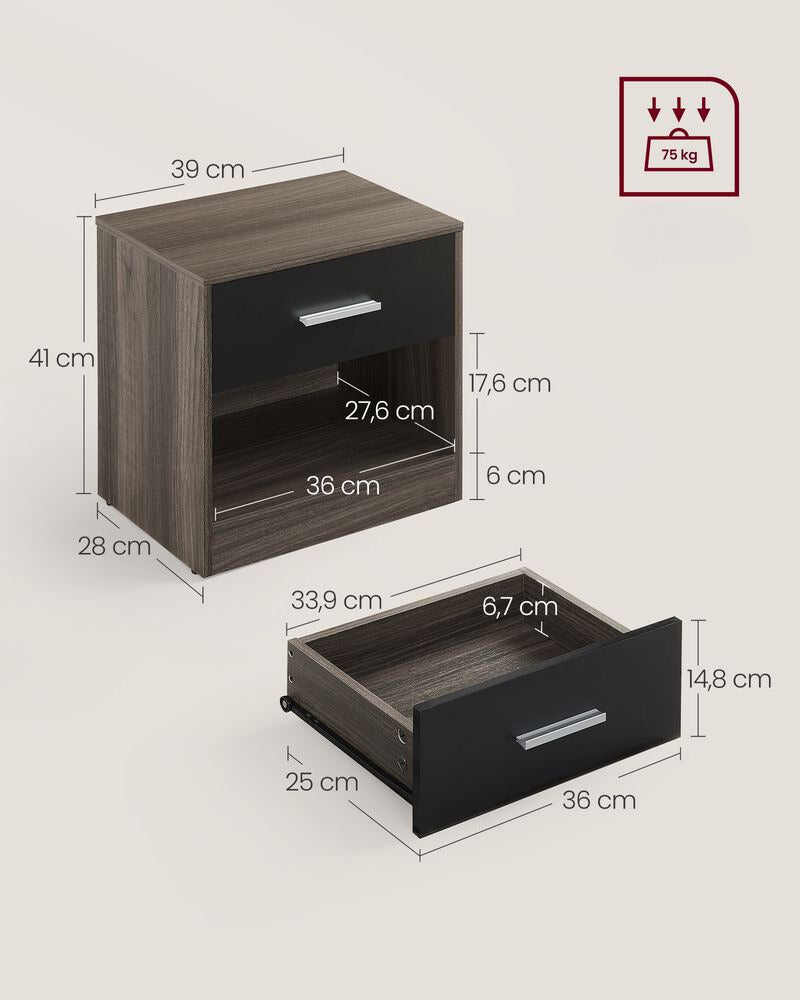 Nancy's Askern Nachtkastje Bruin - Zwart - Bijzettafel met lade - Modern - ± 40 x 30 x 40 cm