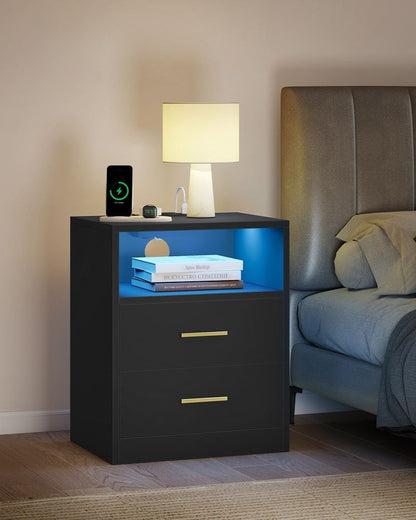 Nancy's Postal Nachtkastjes - Set van 2 - Praktische stekkerdoos - LED-Verlichting - Zwart - ± 40 x 35 x 50 cm