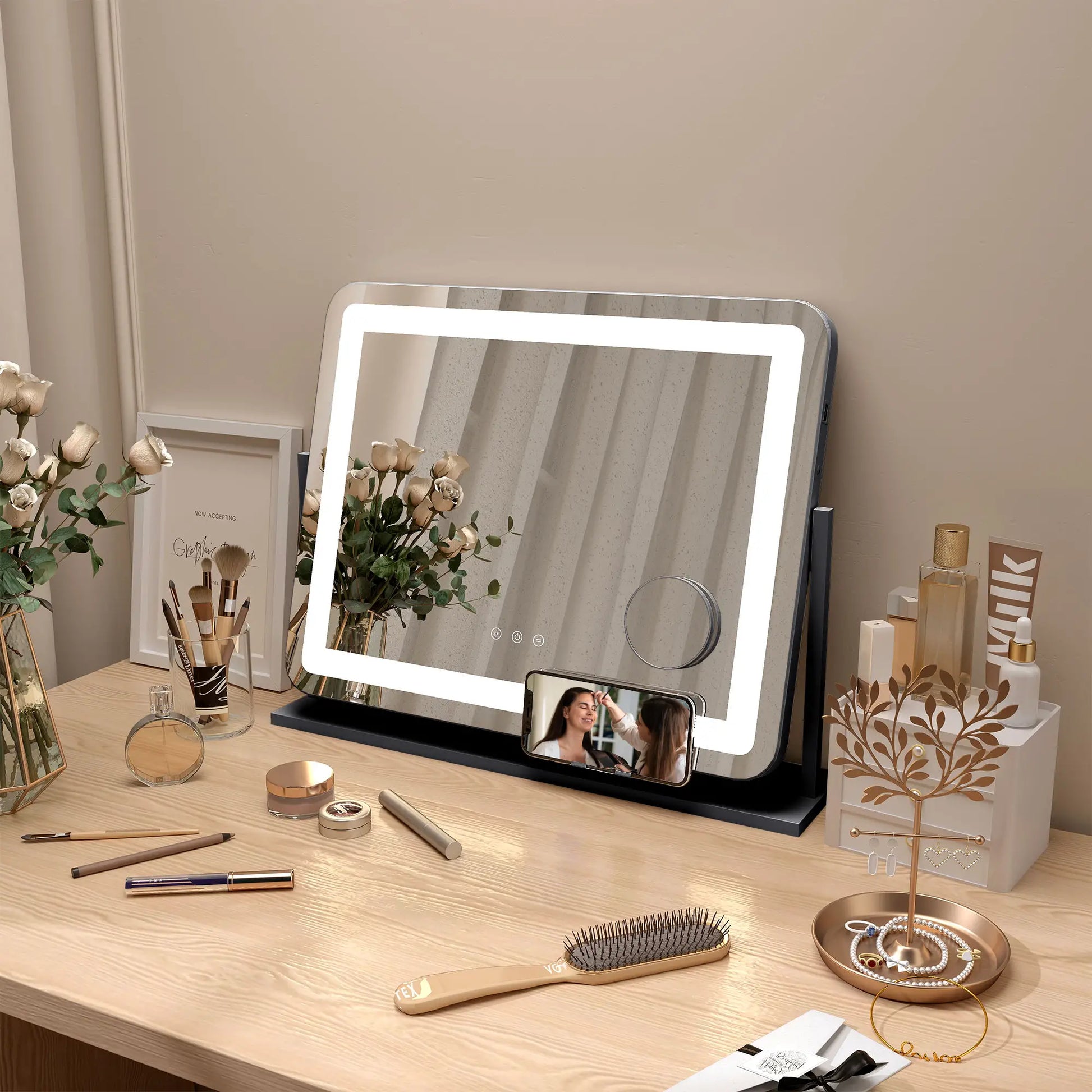 Nancy's Giustino Make-up Spiegel met Verlichting - Beauty Spiegel - Draaibaar - 10x Vergroting - Zwart - Staal