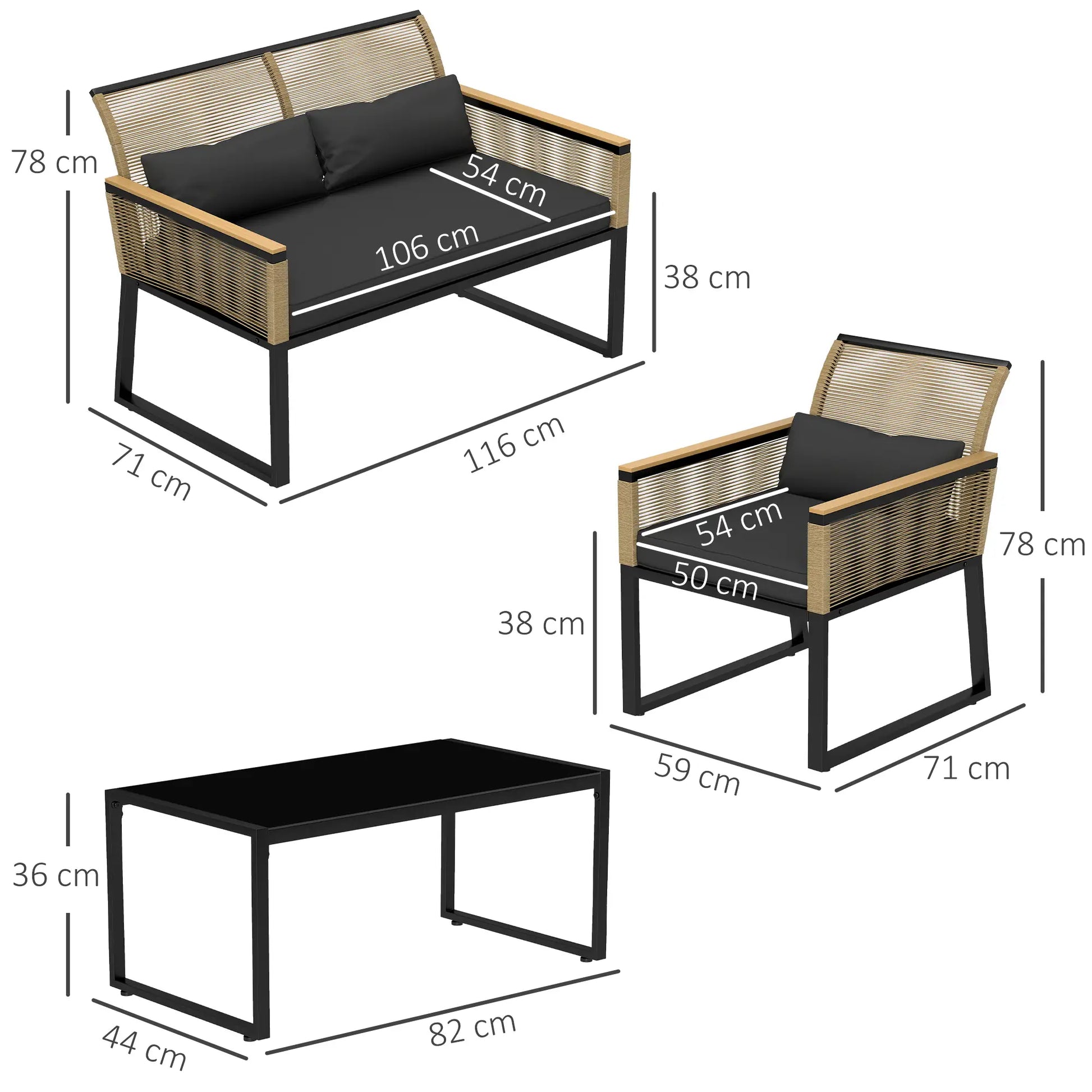 Nancy's Calitri Tuinset - 4-Delige Set - Balkonmeubelset - Tuinmeubelset - Bruin / Zwart