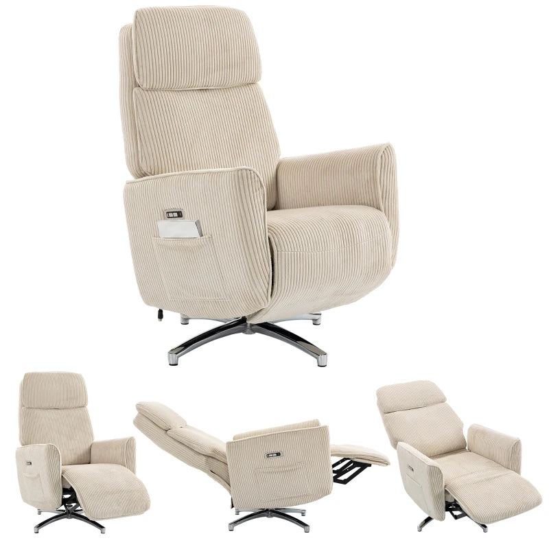 Nancy's Tarzo Elektrische Fauteuil - Relaxfauteuil - Relaxstoel - Draaibaar - Crèmewit / Zilver - Corduroy Look
