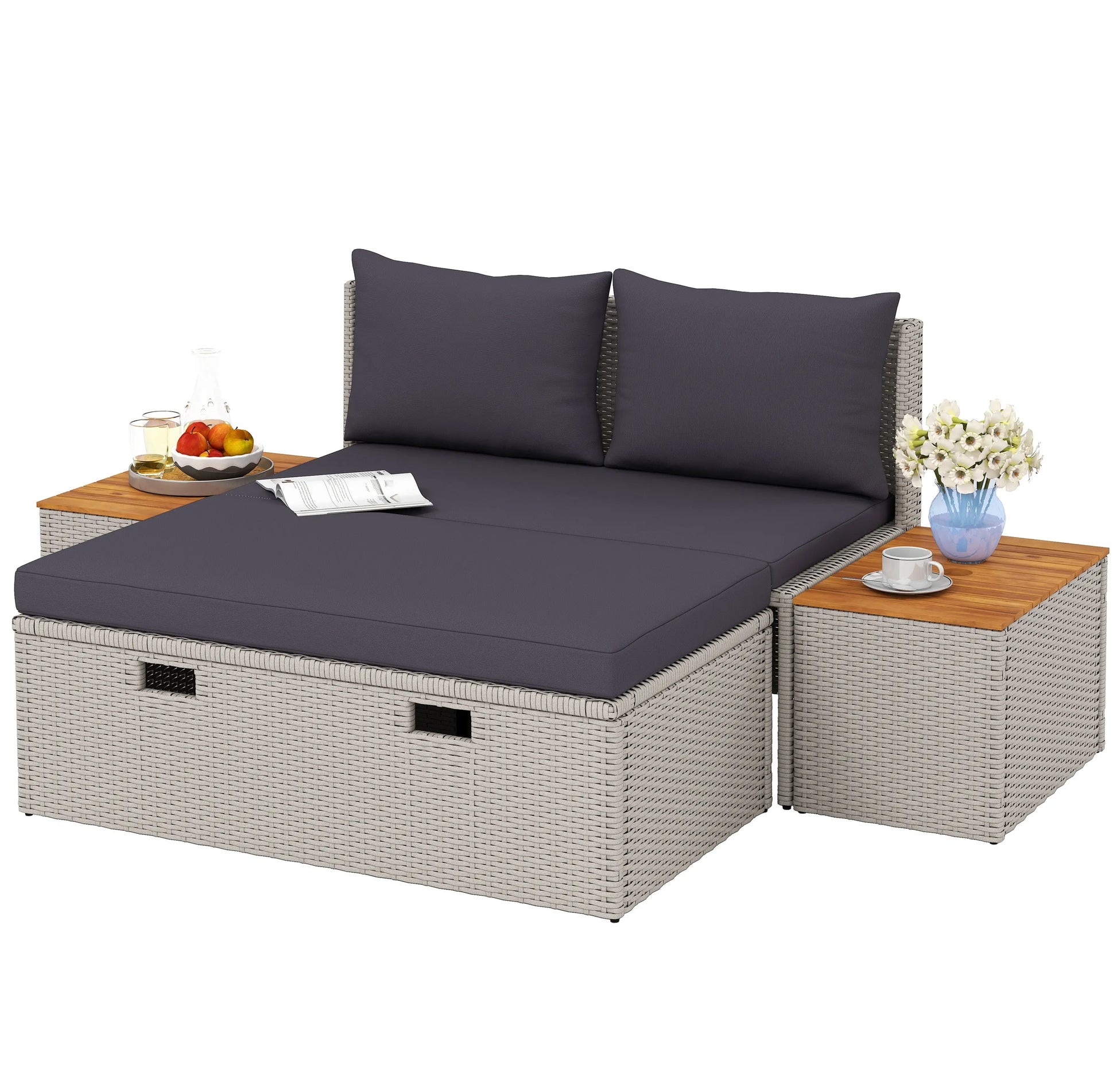 Nancy's Genazzano Loungebed - Ligbed - Tuinligstoel - Grijs - Acaciahout / Rotan