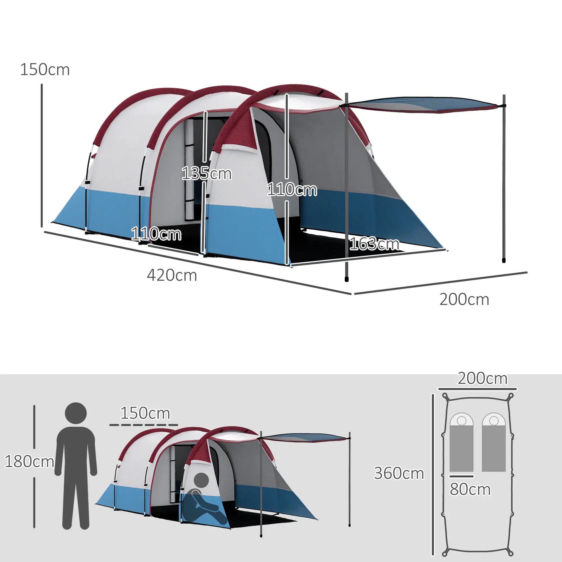Nancy's Campodenno Kampeertent - Camping Tent - 2 aparte ruimtes - 2-4 Personen - Rood / Blauw / Wit - 420 x 200 x 150 cm
