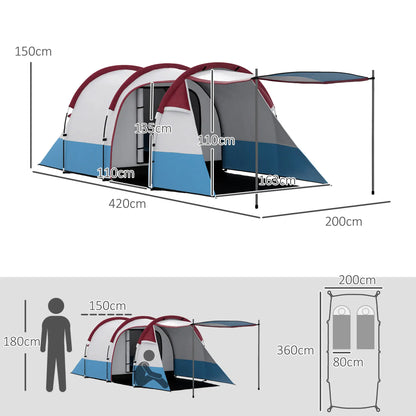 Nancy's Campodenno Kampeertent - Camping Tent - 2 aparte ruimtes - 2-4 Personen - Rood / Blauw / Wit - 420 x 200 x 150 cm
