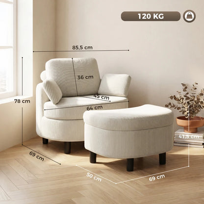 Nancy's Terenten Lounge Fauteuil - Relaxfauteuil - Loungestoel - Inclusief Voetenbankje - Verstelbaar - Crèmewit - Corduroy look