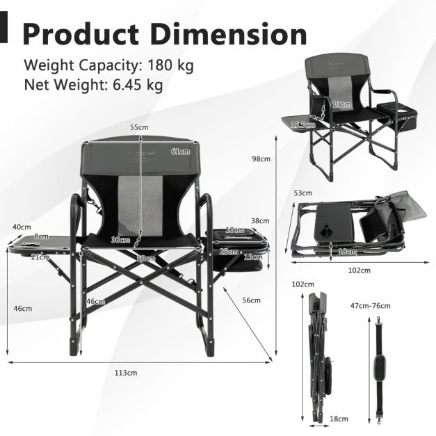 Nancy's Concelho Campingstoel met Zijtafel - Kampeerstoel - Klapstoel - Zwart / Grijs