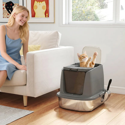 Nancy's Tambre Kattenbak - Katten WC - Katten Toilet - Aanpasbare opstelling - Grijs - RVS / Kunststof - ± 50 x 40 x 40 cm