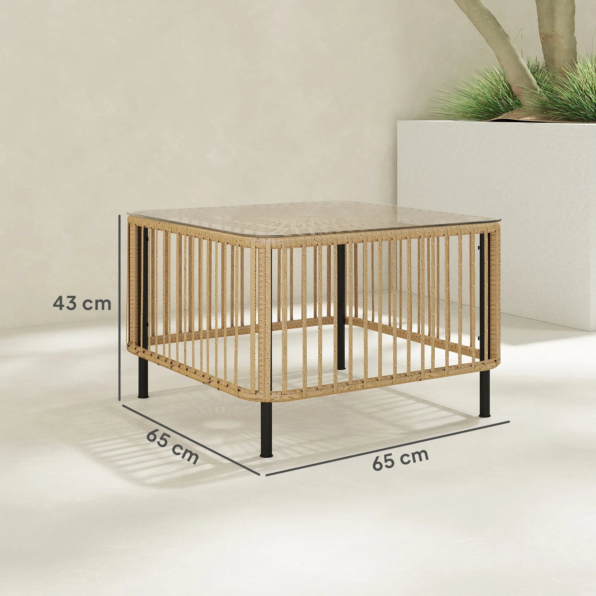 Nancy's Corinaldo Tuintafel - Terrastafel - Balkontafel - Natuurlijk Hout - Rotan / Glas - ± 65 x 65 x 45 cm