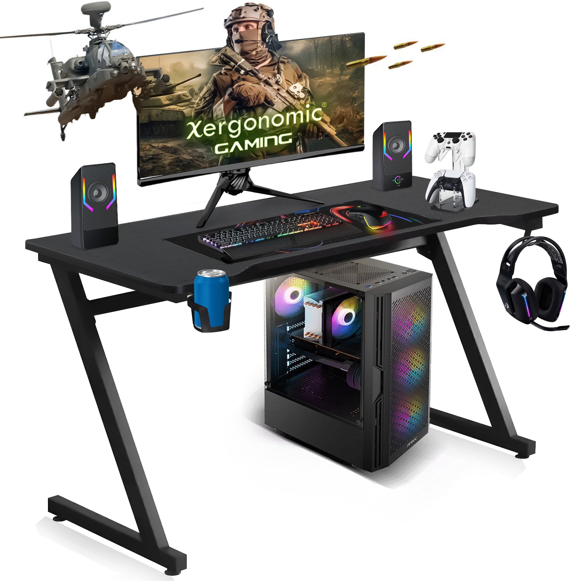 Bureau de jeu Xergonomic Aurora Xergax 125 cm - Aspect fibre de carbone - Table d'ordinateur - Incl. tasse, support pour casque et organiseur de câbles