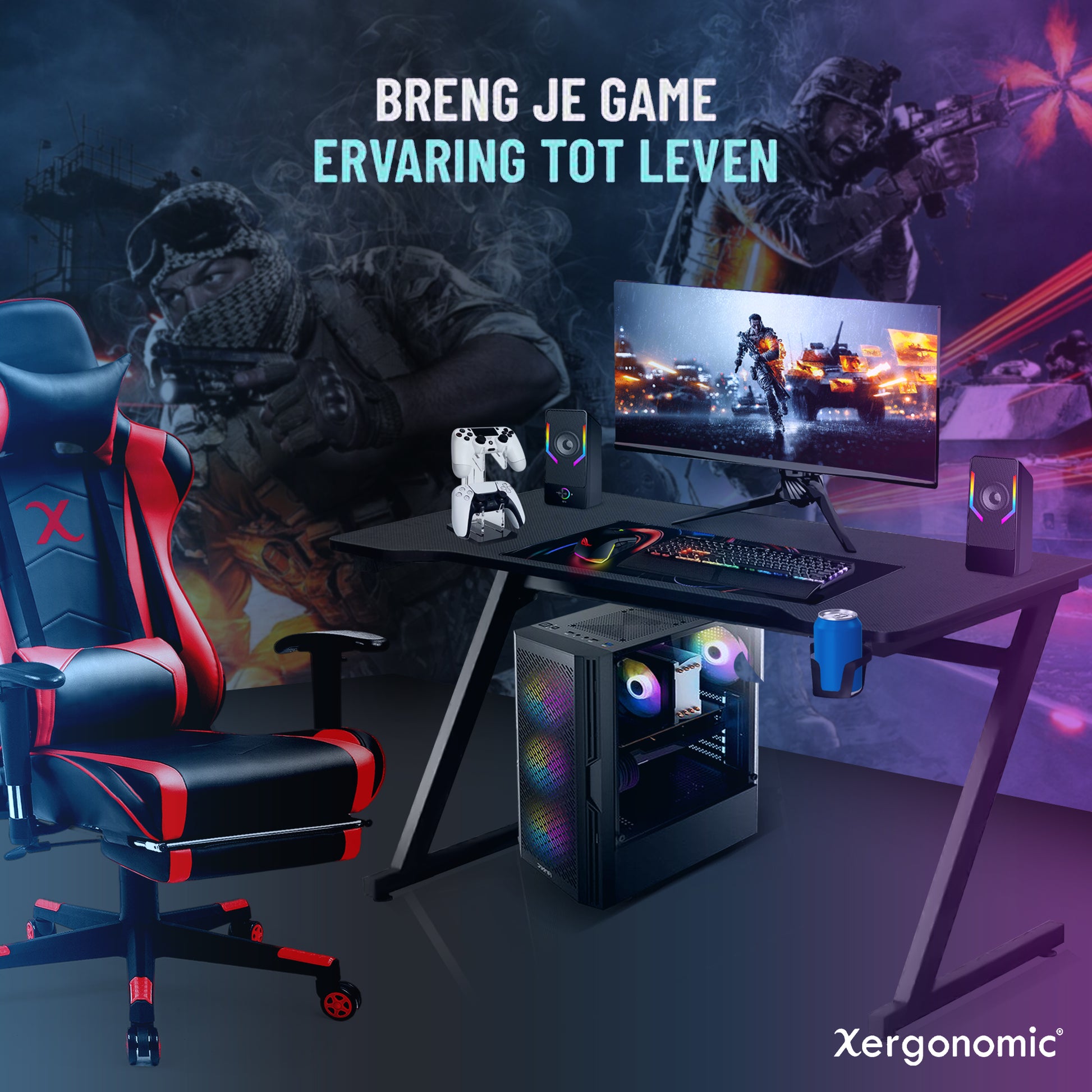 Xergonomic Aurora Xergax Game bureau - Gaming desk - Game tafel 125cm - Carbonfiber look - Computer Tafel - Incl. beker-, koptelefoonhouder en kabelorganizer