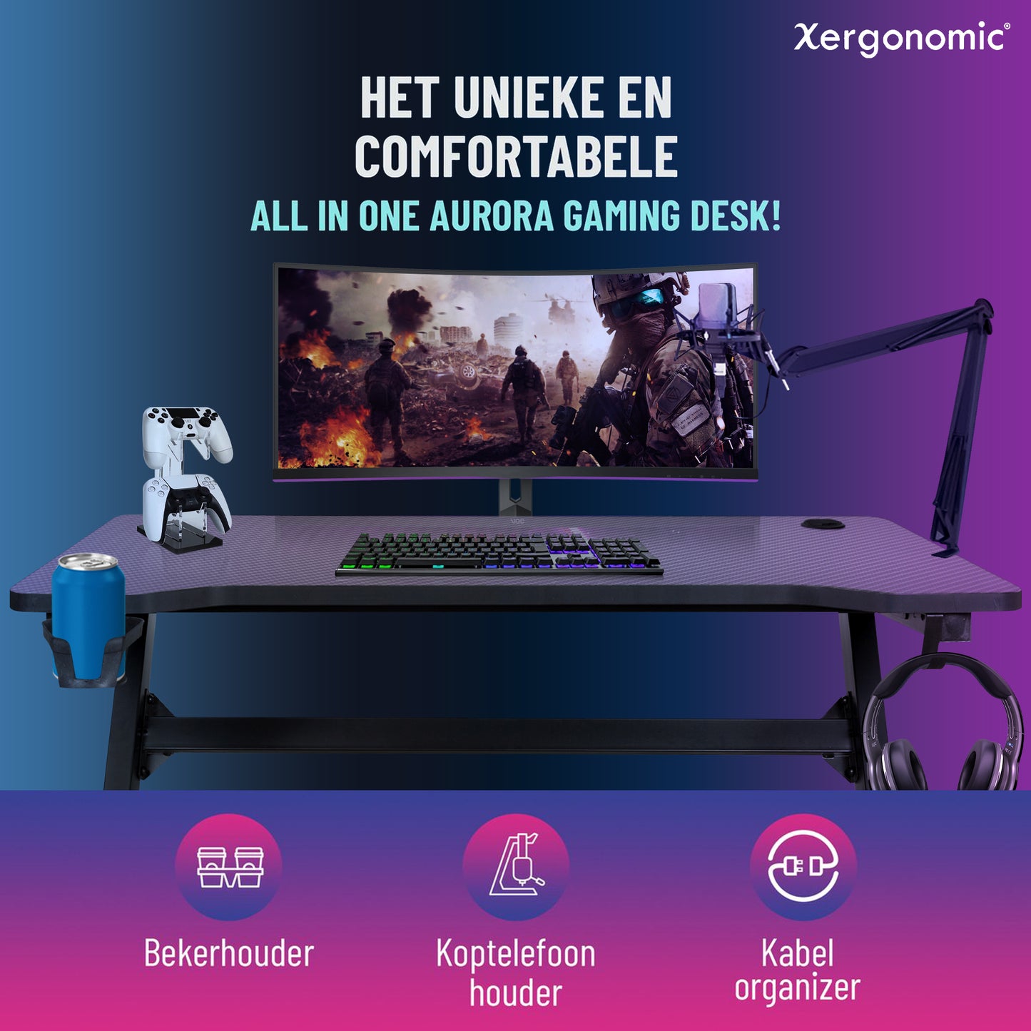 Xergonomic Aurora Xergax Game bureau - Gaming desk - Game tafel 125cm - Carbonfiber look - Computer Tafel - Incl. beker-, koptelefoonhouder en kabelorganizer
