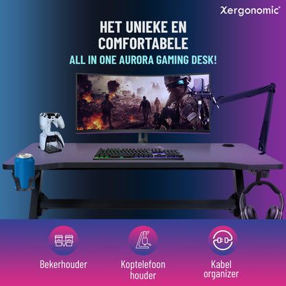 Xergonomic Aurora Xergax Game bureau - Gaming desk - Game tafel 125cm - Carbonfiber look - Computer Tafel - Incl. beker-, koptelefoonhouder en kabelorganizer