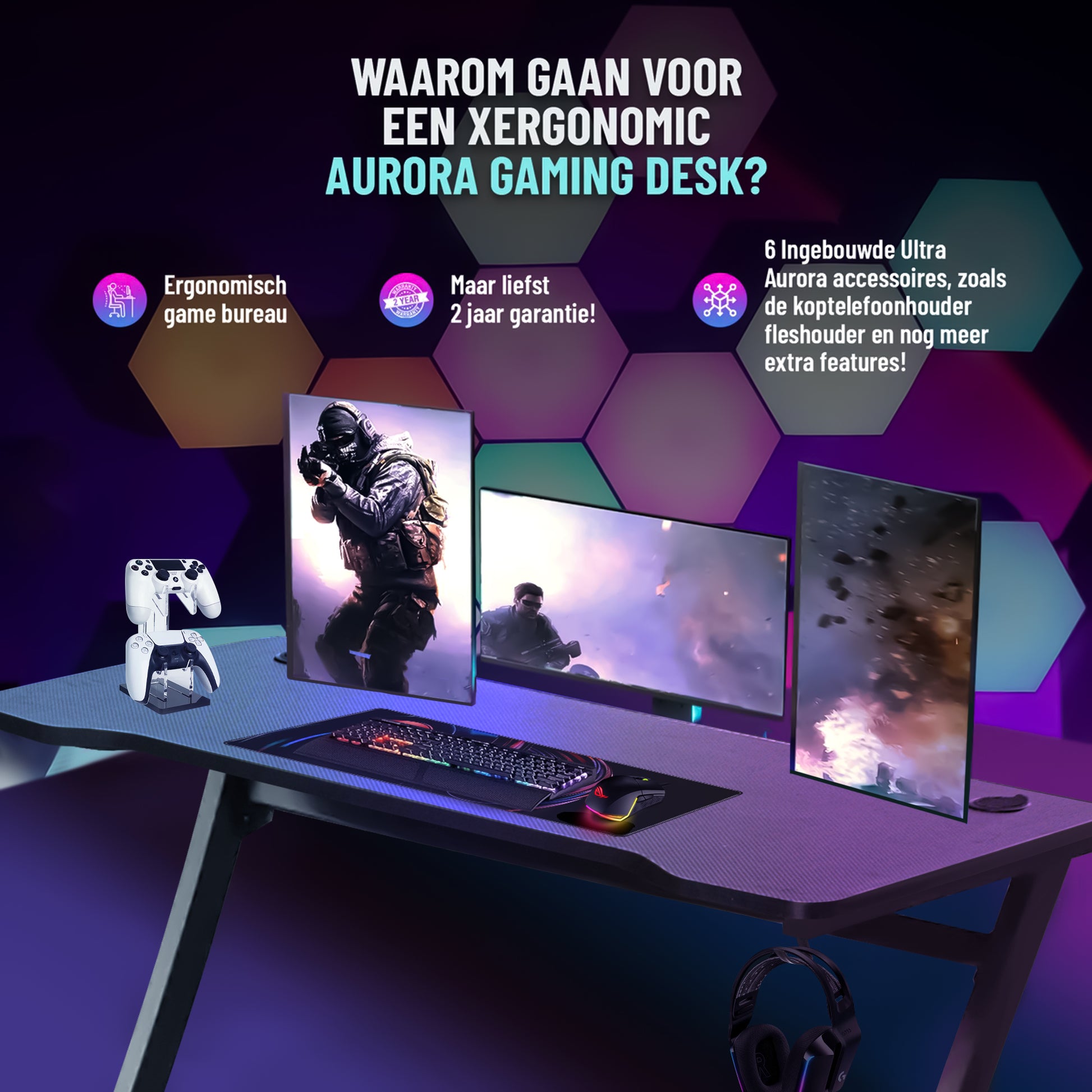 Xergonomic Aurora Xergax Game bureau - Gaming desk - Game tafel 125cm - Carbonfiber look - Computer Tafel - Incl. beker-, koptelefoonhouder en kabelorganizer