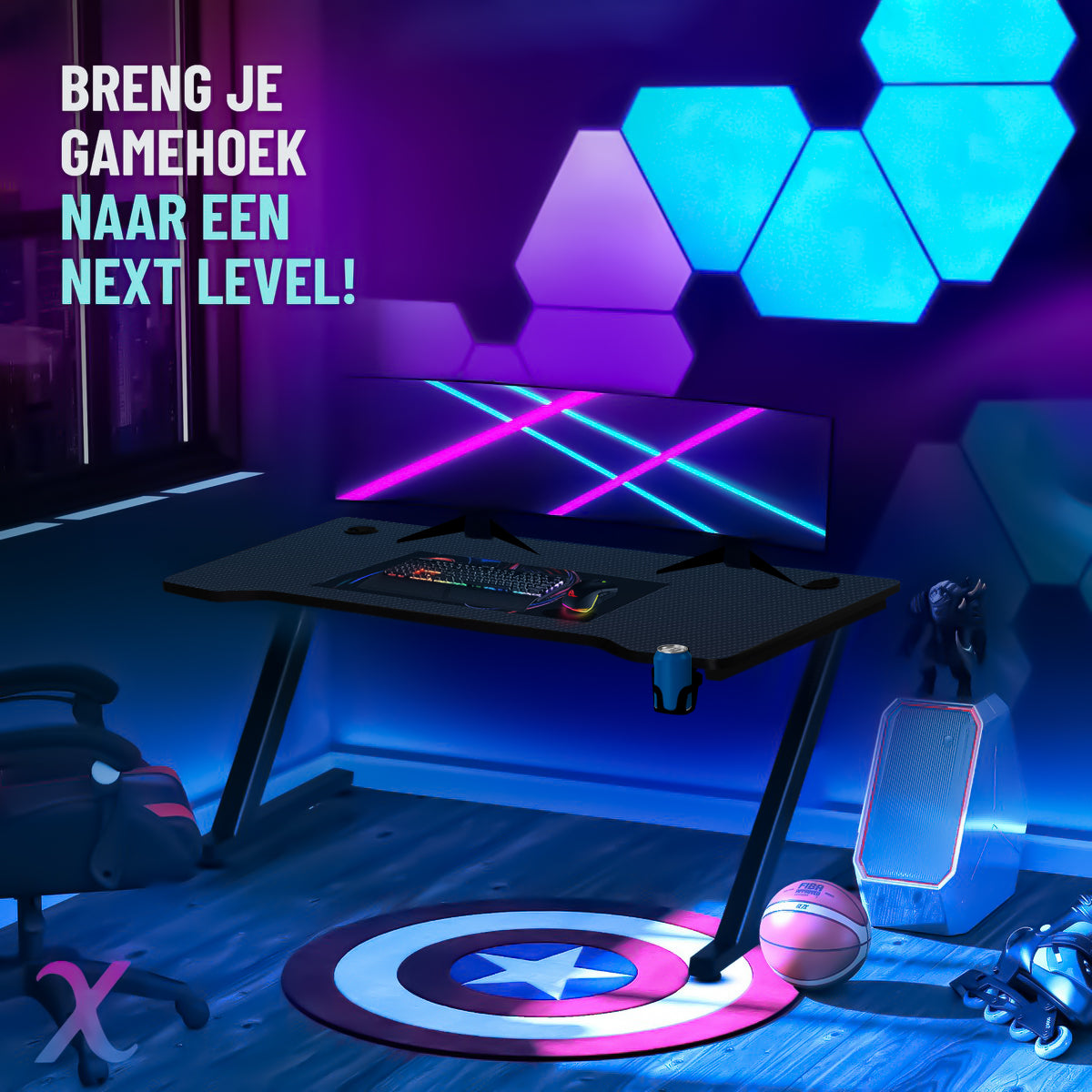 Xergonomic Aurora Xergax Game bureau - Gaming desk - Game tafel 125cm - Carbonfiber look - Computer Tafel - Incl. beker-, koptelefoonhouder en kabelorganizer