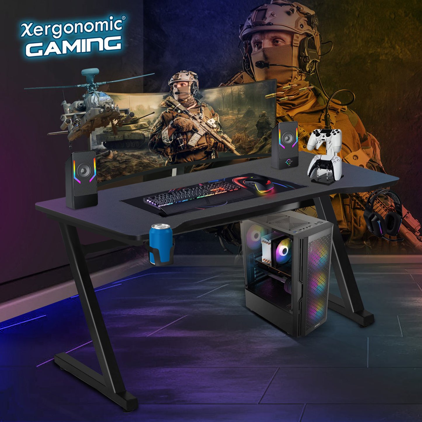 Xergonomic Aurora Xergax Gaming Desk 125cm - Carbon fiber look - Computer Table - Incl. cup, headphone holder and cable organizer