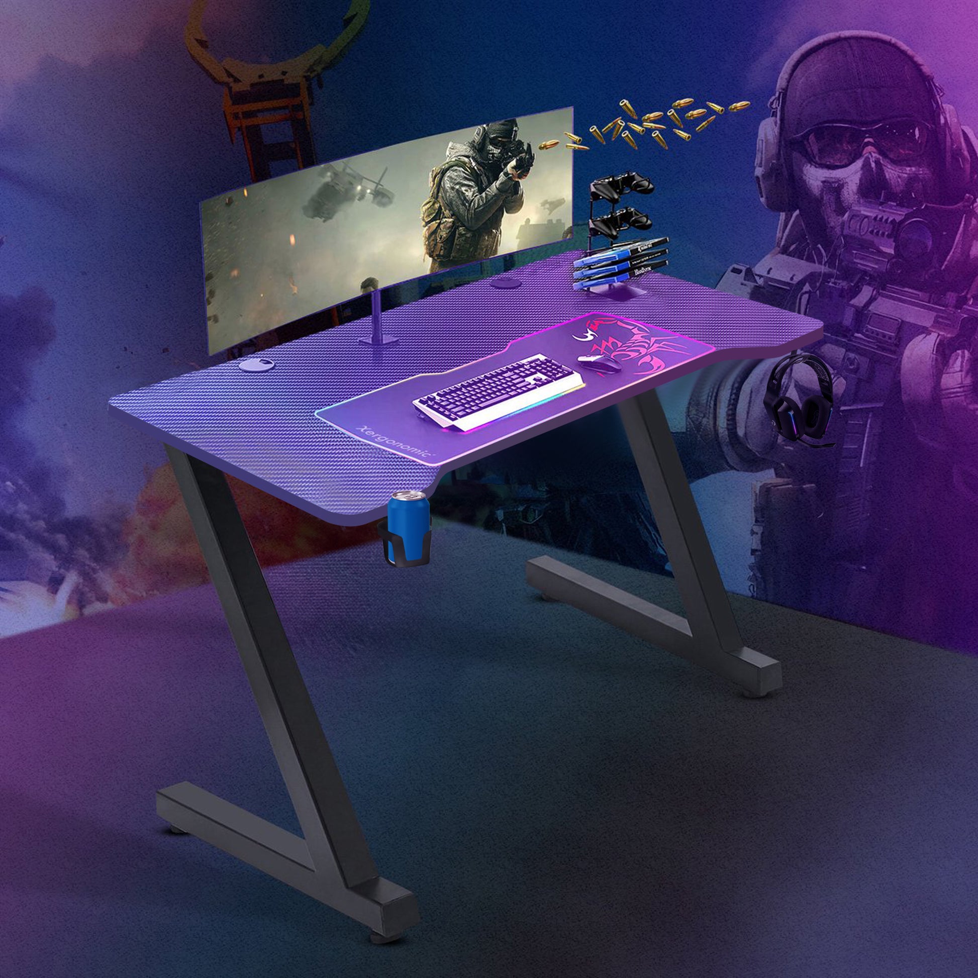 Xergonomic Aurora Xergax Game bureau - Gaming desk - Game tafel 125cm - Carbonfiber look - Computer Tafel - Incl. beker-, koptelefoonhouder en kabelorganizer