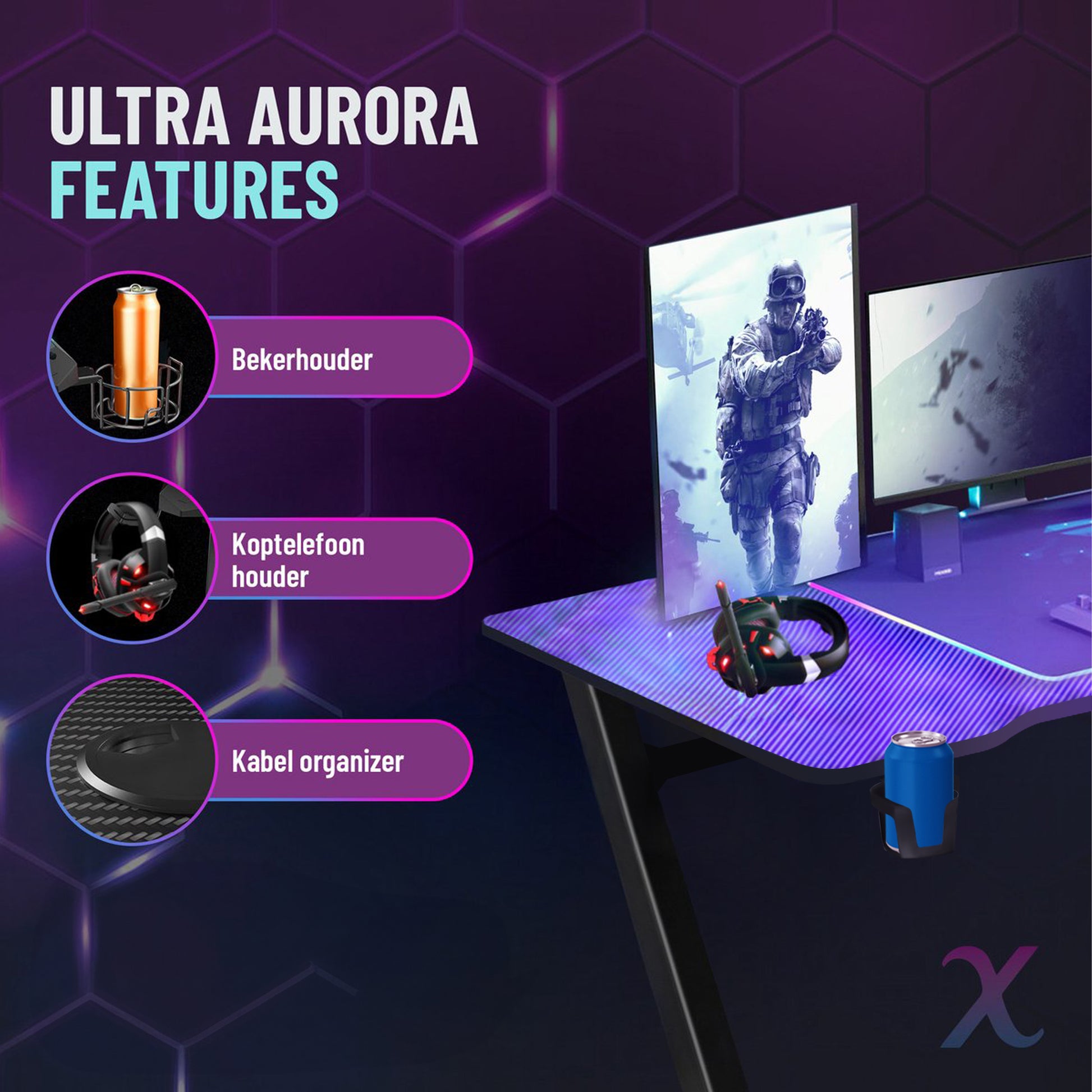 Xergonomic Aurora Xergax Game bureau - Gaming desk - Game tafel 125cm - Carbonfiber look - Computer Tafel - Incl. beker-, koptelefoonhouder en kabelorganizer