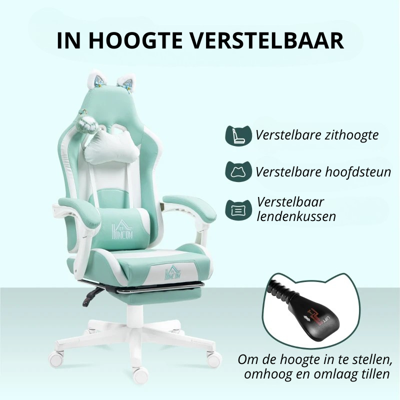 Nancy's Panni Gamestoel - Gaming Stoel - Bureaustoel - Kattenstijl - Zeeblauw - Kunstleer