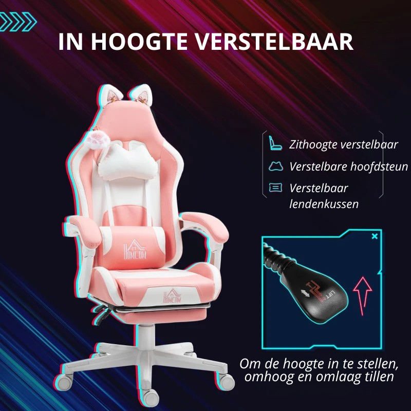 Nancy's Panni Gamestoel - Gaming Stoel - Bureaustoel - Kattenstijl - Roze / Wit - Kunstleer