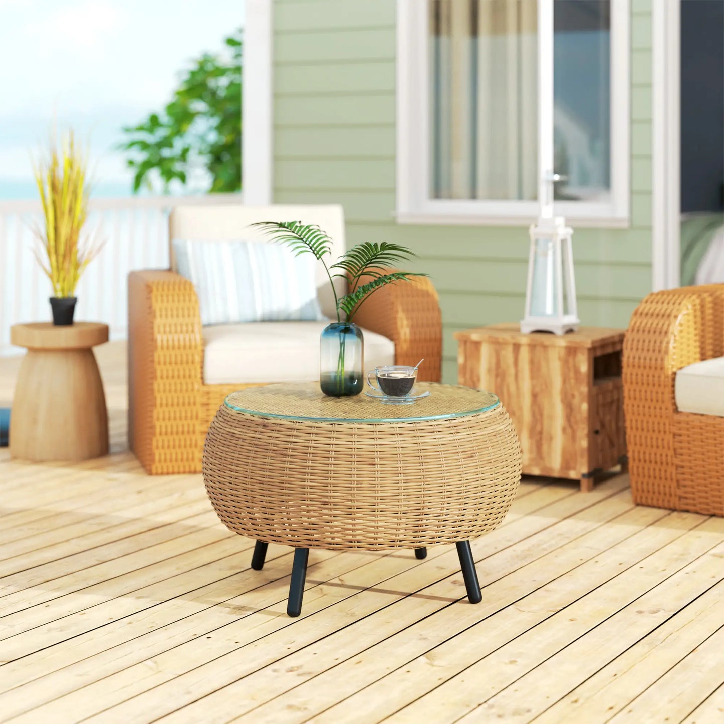 Nancy's Cigliano Tuintafel - Terrastafel - Balkontafel - Rotan / Glas - ± Ø 75 x 40 cm
