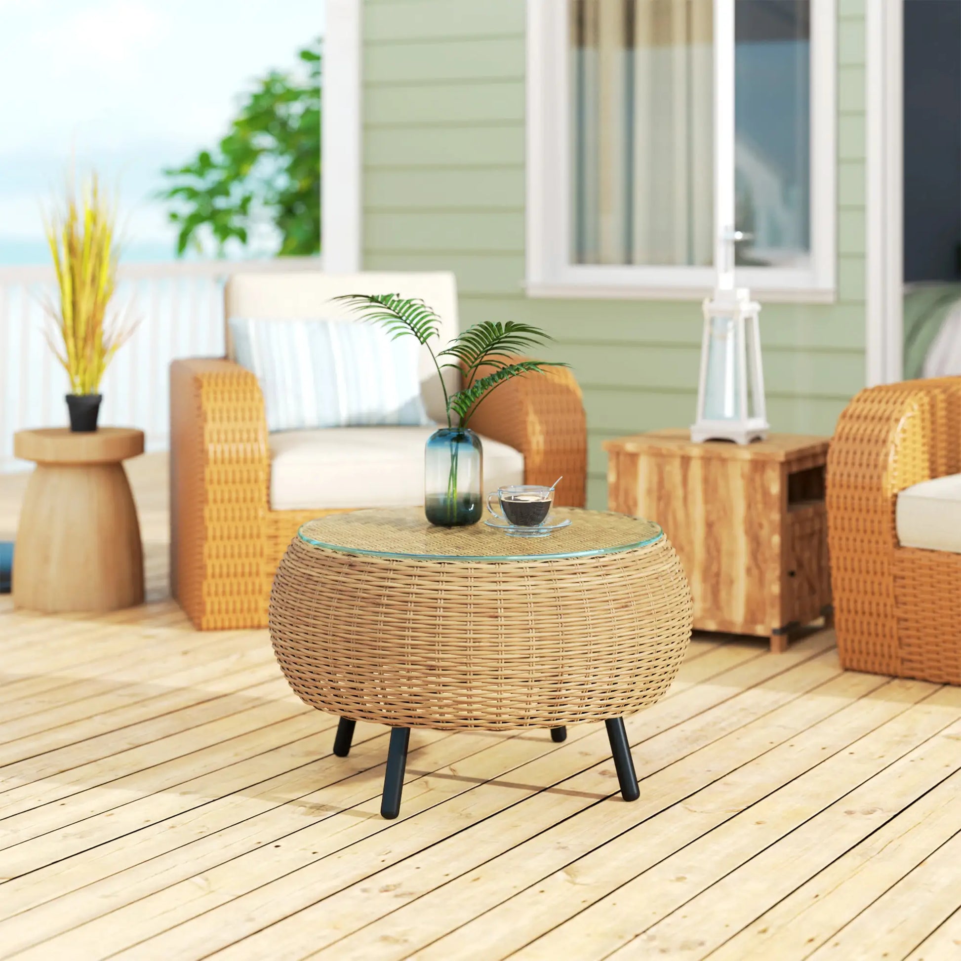 Nancy's Cigliano Tuintafel - Terrastafel - Balkontafel - Rotan / Glas - ± Ø 75 x 40 cm