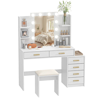 Nancy's Pontboset Kaptafel met Kruk - Make Up Tafel met Verlichting - Hollywood Spiegel - Wit - 120 x 40 x 140 cm