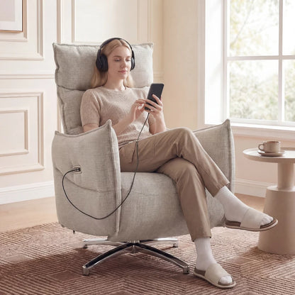 Nancy's Spotorno Elektrische Fauteuil - Relaxstoel - Loungestoel - Draaibaar - Beige / Zwart - Linnen