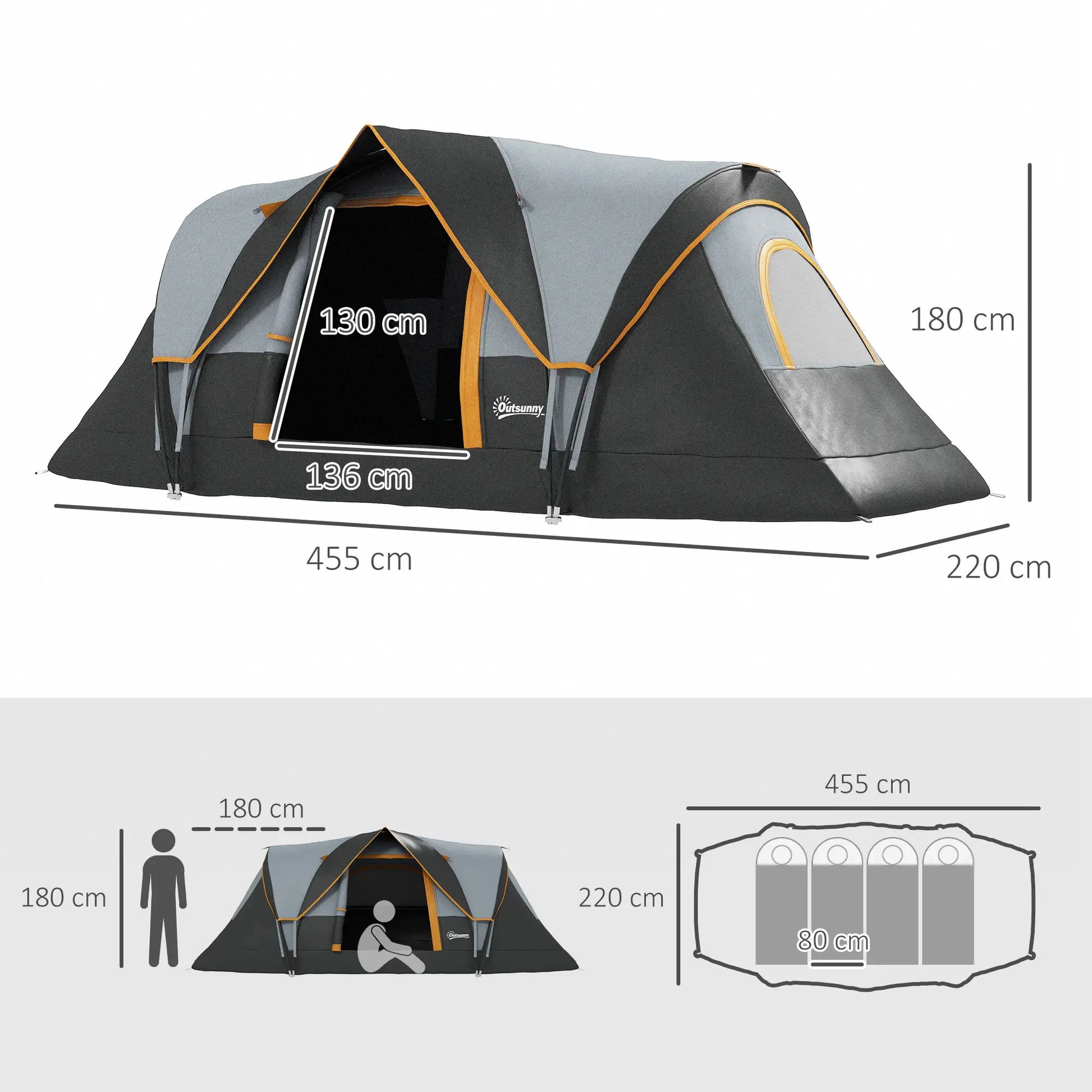 Nancy's Campli Kampeertent - Camping Tent - 5 tot 6 personen - Grijs / Zwart - 455 x 230 x 180 cm