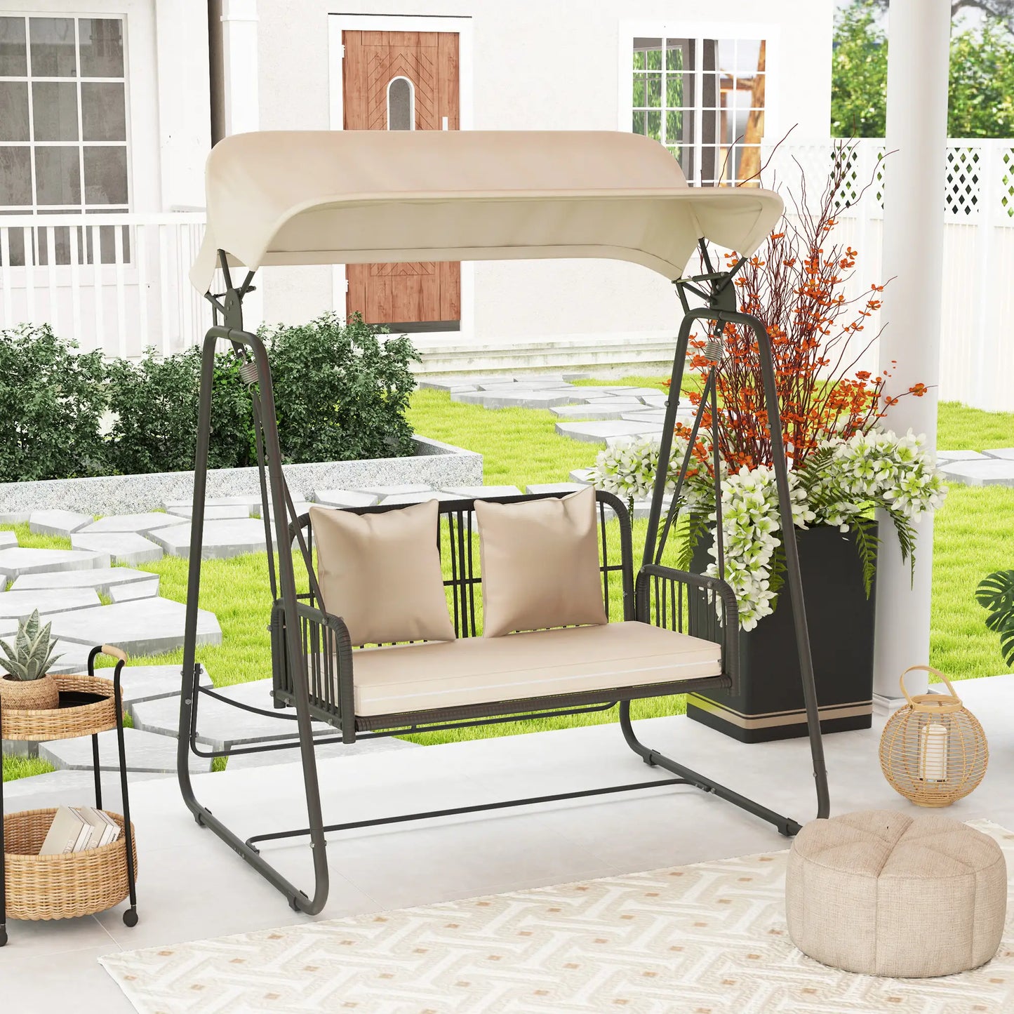 Nancy's Chiavarese Schommelbank - Tuinschommel - Hollywoodschommel - Zwart / Kaki - Rotan - ± 150 x 120 x 180 cm
