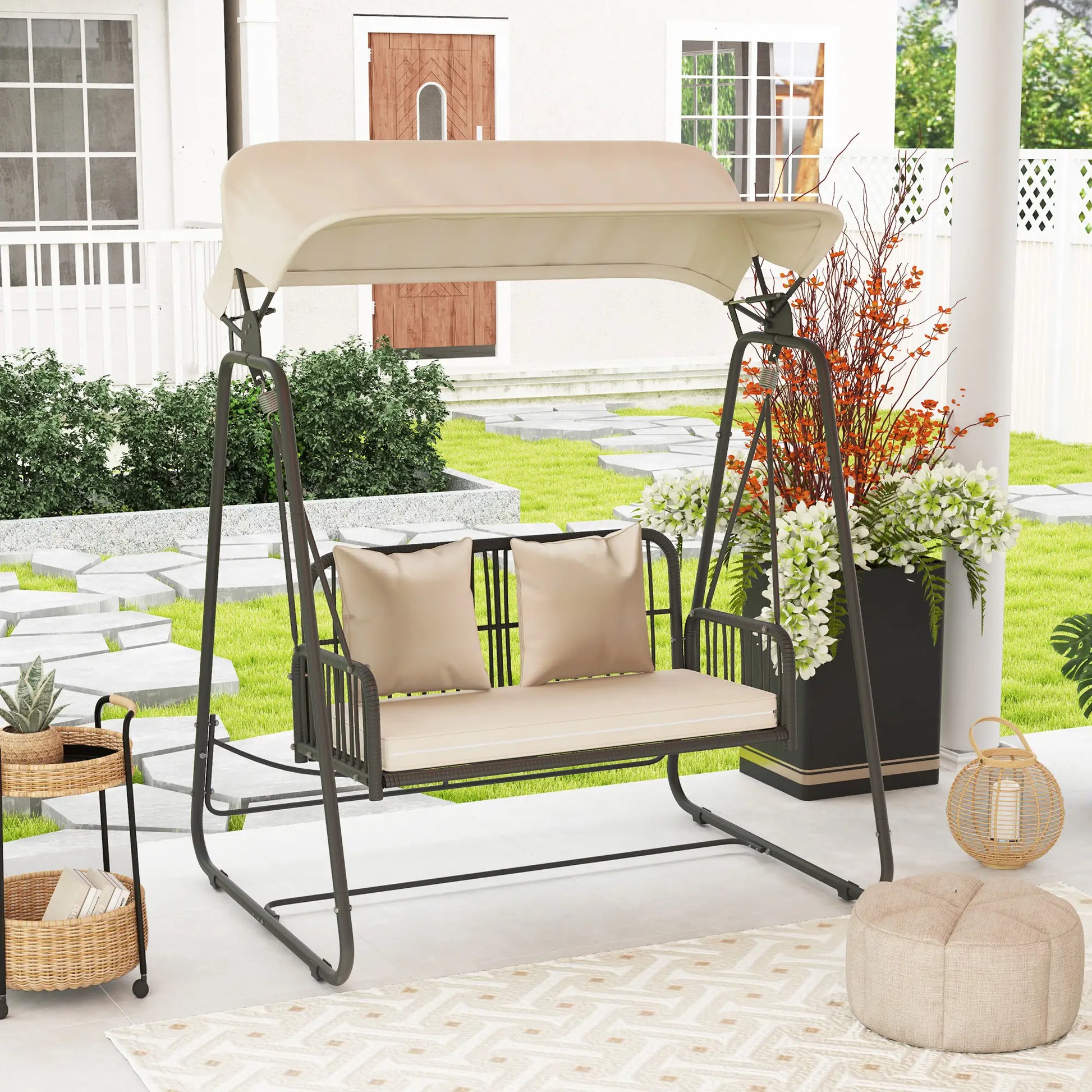 Nancy's Chiavarese Schommelbank - Tuinschommel - Hollywoodschommel - Zwart / Kaki - Rotan - ± 150 x 120 x 180 cm